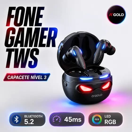 Fone de Ouvido Gamer TWS Bluetooth 5.2 Altomex "Capacete PUBG" - Baixa Latência 45ms LED (Original)