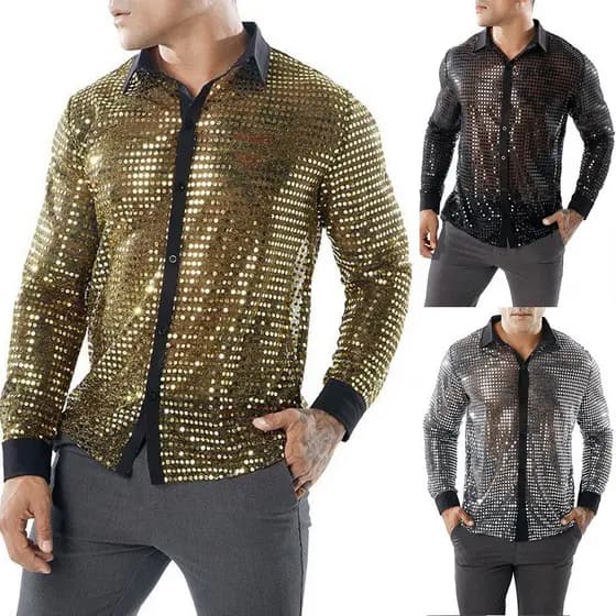 (ONDE) Novas Camisas Masculinas Brilhantes com Lantejoulas para Festas de Dança Disco Retrô dos Anos 70, Camisas de Alta