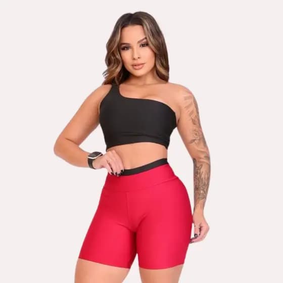 Conjunto Fitness Bicolor Feminino Top Nula Manga + Short Cintura Alta Academia Treino