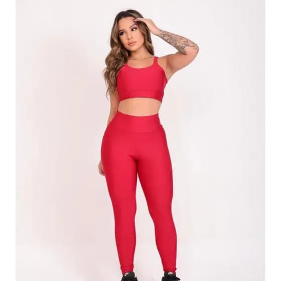 Conjunto Fitness Feminino Suplex Premium Legging Com Bolso Cós Alto + Top Forrado Zero Transparência