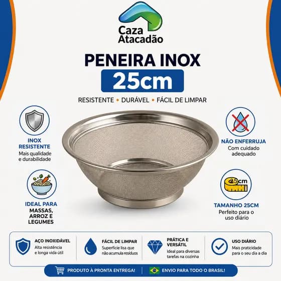 Escorredor Inox 25cm Cozinha Profissional Peneira para Massas Arroz Frutas e Legumes Resistente Aço Inoxidável