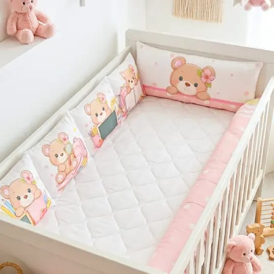 Kit Berço Menina Completo Protetor Padrão Americano e Nacional 6 Peças Modelo Pelúcia Rosa