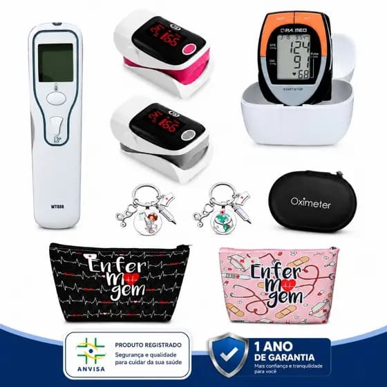 Kit Saúde Termômetro Digital Infravermelho Testa + Oxímetro BIC Adulto Pediátrico + Pressão PAMED, + Brinde Enfermagem