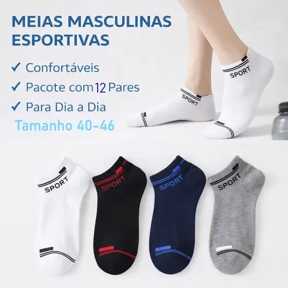 Kit 12 Pares Meias Masculinas Esportivas Cano Curto Confortáveis para Dia a Dia