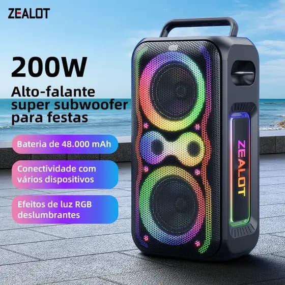 ZEALOT PT21 Caixa de Som Bluetooth 200W 48000mAh Portátil TWS IPX5 Potente Alta Performance Power Bank Carga Rápida 45W