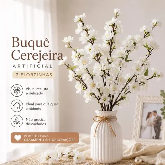 Buquê Cerejeira Artificial 7 Florzinhas Realistas Delicadas Decoração Casa Casamento Sala