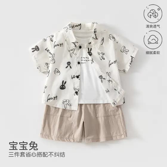 Verão estilo fino bebê Split terno camisa de três peças colete Shorts roupas de bebê Outing roupas Anyang roupas infanti