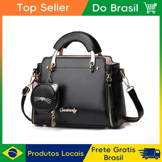Bolsa Satchel Feminina com Pingente de Gato, Bolsa Multiuso Mão e Transversal para Uso Diário