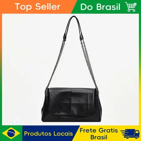 Bolsa Tiracolo Vintage Feminina Couro Sintético Corrente Metálica, Bolsa Ombro Transversal Espaçosa para Trabalho