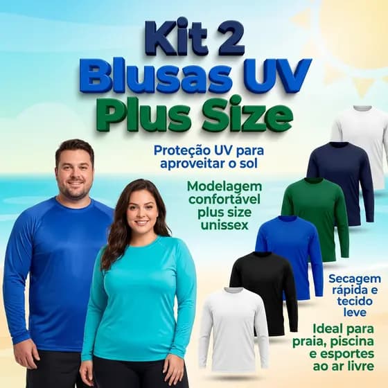 Kit 2 Camisa Premium Proteção Solar Plus Size Unissex Segunda Pele UV 50+ Tamanho G1 G2 G3 Blusa