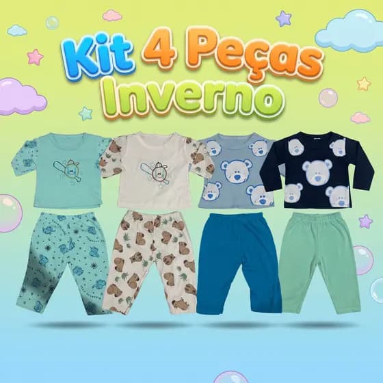 Kit 4 Peças Conjunto Inverno Bebe Menino Infantil Estampas Divertidas Manga Longa Calça Algodão