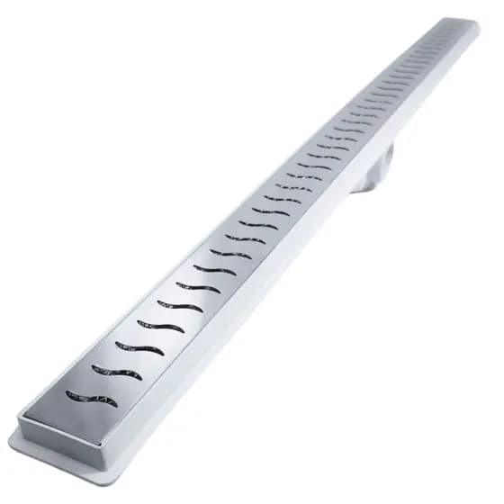 Ralo Linear Banheiro Seca Box 5x50 Inox Ondas Espelhado Coletor Branco com Sifão