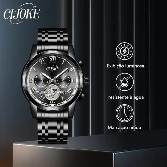 Relógio Masculino Aço Inoxidável, À Prova d'Água, Quartzo e Movimento Automático, Design Luxuoso