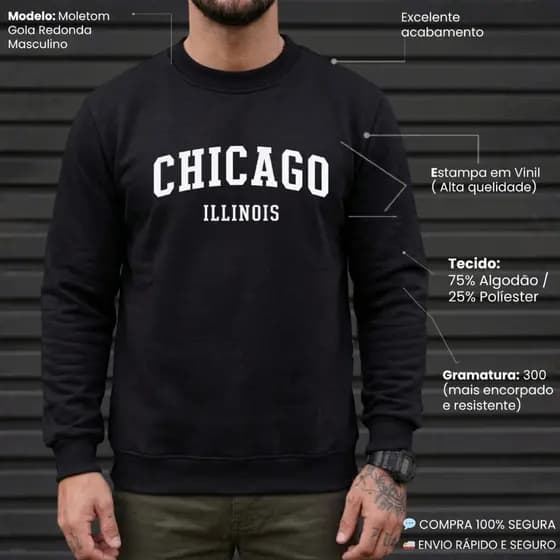Moletom Masculino Moletom Feminino Blusa de Frio Casaco de Inverno suéter Moletom gola Preto Chicago estampado