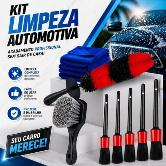Kit Escova Limpeza Automotiva Detalhamento Rodas Pincéis + Escova Macia + Escova Roda + Toalha Microfibra Multiuso