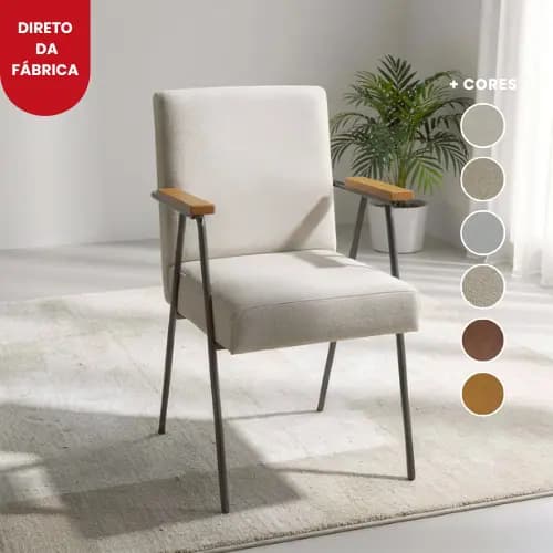 Cadeira Paloma Estofada Metal e Madeira Maciça Moderna para Sala de jantar Recepção Área Gourmet