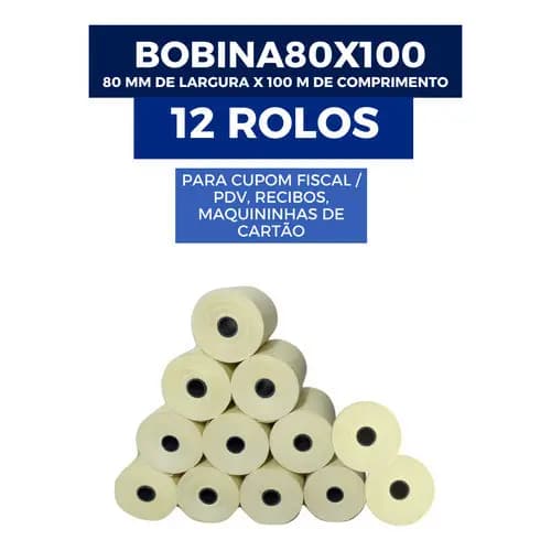 Caixa 12 Un Rolos Bobina Térmica Pdv Branca 80x100mts Impressão Cupom Fiscal