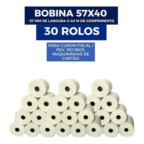 30un Bobina Térmica 57x40 40m Para Maquininha Cartão Impressão Alta Qualidade ADB