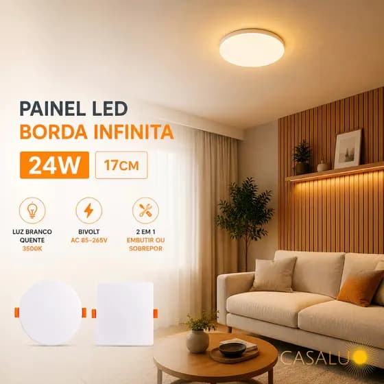 Painel Borda Infinita 2 Em 1 Sobrepor E Embutir Luminária De Teto Plafon LED 24W 17CM 3500K BQ Sala