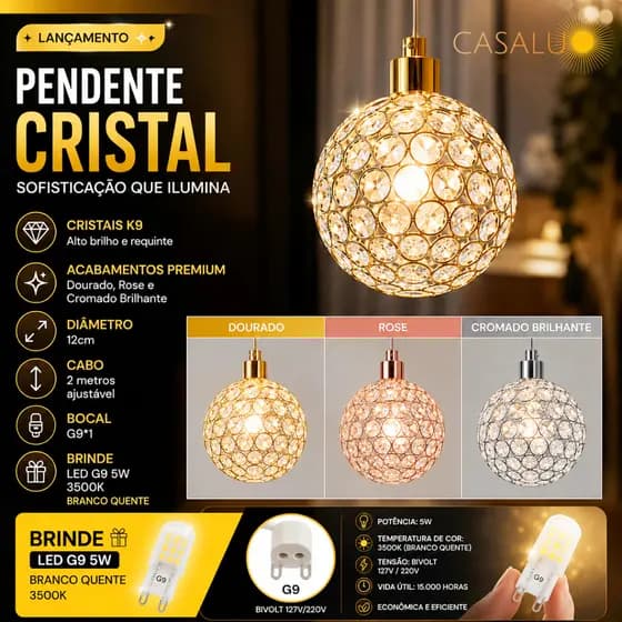 Pendente Bola Bolinha Cristal Esfera Dourado Cromado Rose + LED G9 3500K Bivolt Lustre Para Lavabo