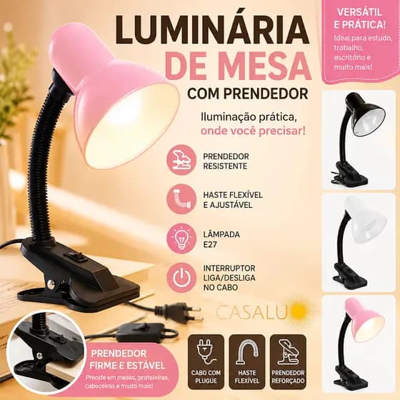 Luminária Abajur Articulável Com Garra Presilha Bivolt Quarto Escritório Leitura Salão Manicure E27