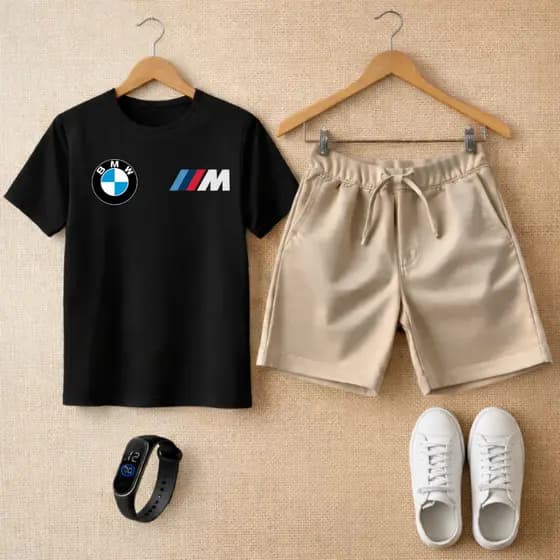 Conjunto Infantil Camiseta e Bermuda Moletinho BMW e Relógio de Led Incrivel