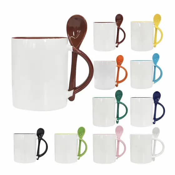 Caneca Xícara para Sublimação 350ml com Colher | Cerâmica Branca Personalizável