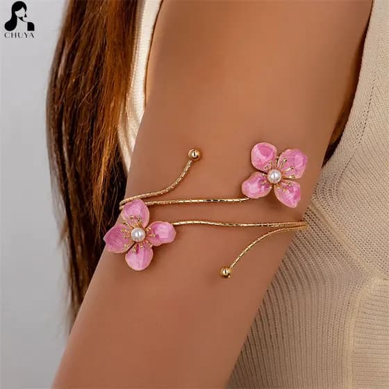 Pulseira de Braço Floral de Verão para Praia com Flor Esmaltada, Joia de Resort