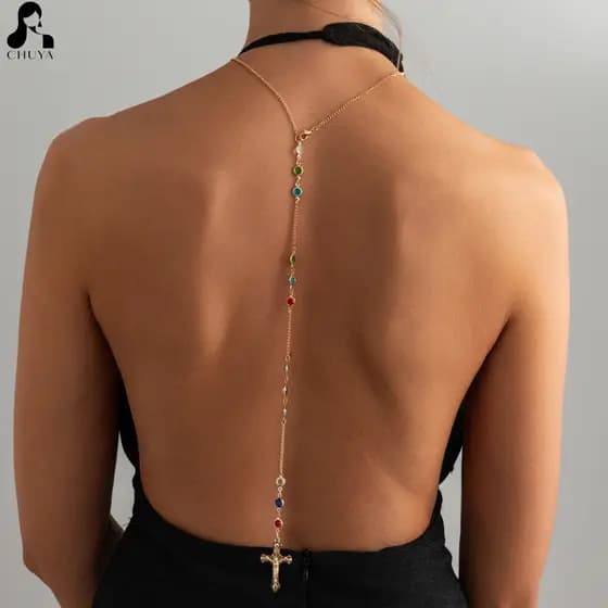 Colar de Corrente para o Corpo com Strass, Estilo Gótico, Tema Cruz e Y2K, Joia para Costas Nuas
