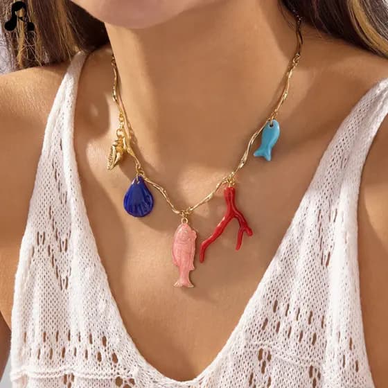 Colar de Praia Boêmio Dourado Esmaltado com Peixes Coloridos, Corais e Conchas