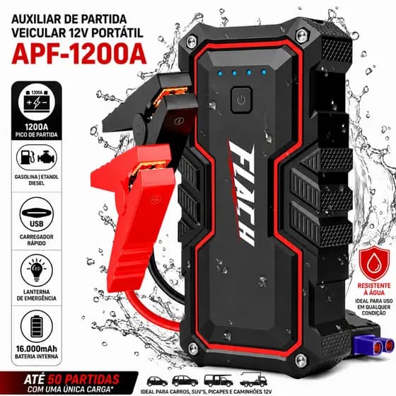 AUXILIAR DE PARTIDA PORTATIL FLACH APF-1200A 12 VOLTS 1200A PICO POTENCIA = BATERIA 180Ah CAMINHÃO