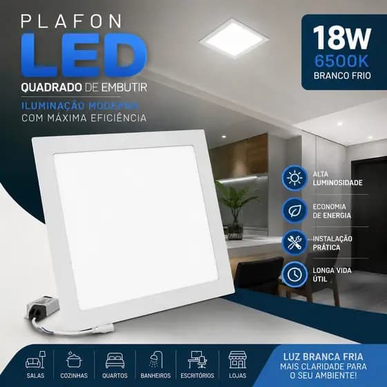 PLAFON LED EMBUTIR QUADRADO 18W BRANCO FRIO 6500K PAINEL SLIM TETO ECONÔMICO ALTA LUMINOSIDADE