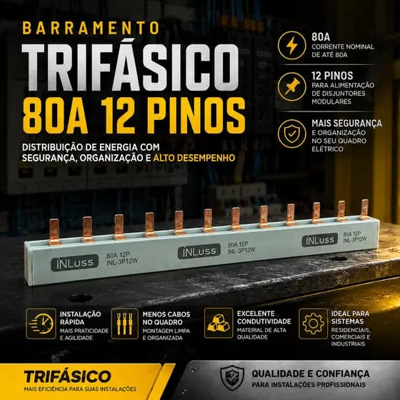 BARRAMENTO TRIFÁSICO 80A 12 PINOS PARA DISJUNTORES QUADRO DE DISTRIBUIÇÃO ELÉTRICA
