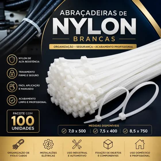 ABRAÇADEIRA DE NYLON BRANCA ENFORCA GATO KIT 100 UNIDADES ALTA RESISTÊNCIA ORGANIZADOR DE FIOS E CABOS TAMANOS DIVERSOS