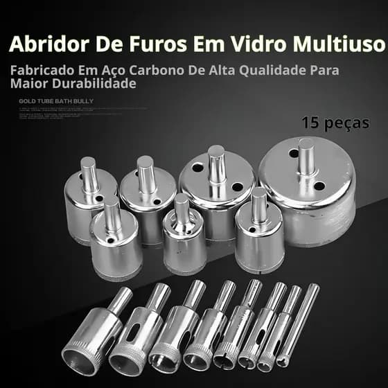 KIT ABRIDOR DE FUROS DIAMANTADO 15 PEÇAS PARA VIDRO, AZULEJO E GRANITO