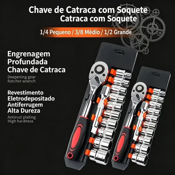 CONJUNTO DE CHAVE DE CATRACA 1/4, 3/8 E 1/2 - 12 PEÇAS, AÇO CROMO-VANÁDIO PARA REPAROS AUTOMOTIVOS