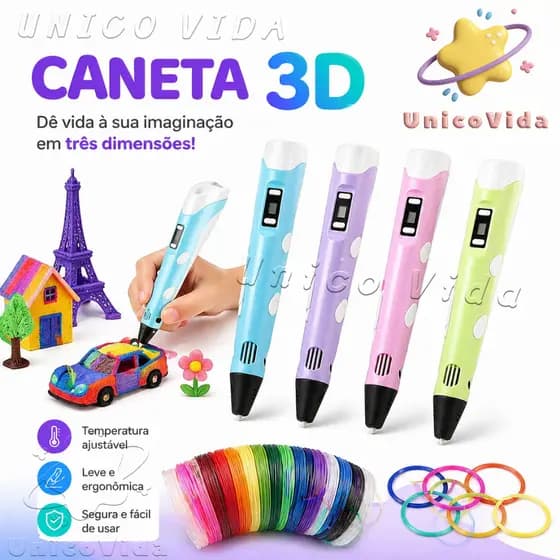 Caneta Impressora 3D Infantil com Refil PLA 1,75mm 10M para DIY Desenho e Pintura 3D Segura para Crianças
