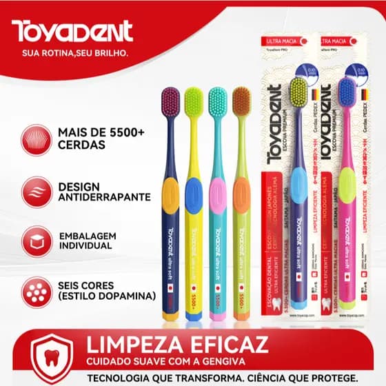 ToyaDent Escova de dente Ultra-Macia Adultos / Cerdas Densas / 6 Cores/ Ergonomia de 19 cm
