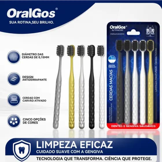 OralGos Escova de dente adulto | Cerdas macias | Design ergonômico | 5 unidades