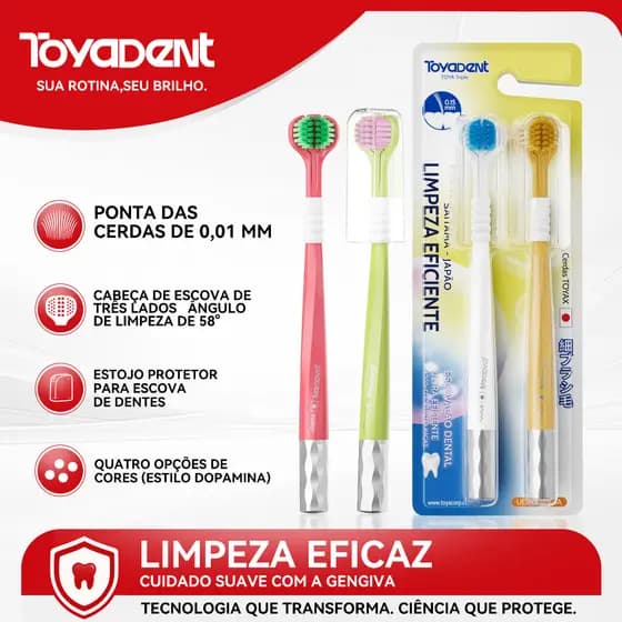 ToyaDent Escova de dente 2 unidades + Capa Protetora | limpeza completa | 3 lados