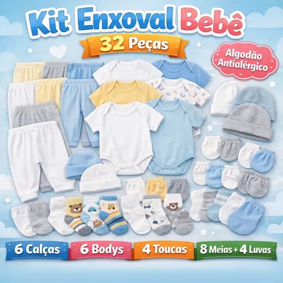 Kit Enxoval Bebê 32 Peças Algodão Antialérgico Recém-Nascido Body Calça Touca Meia Luva