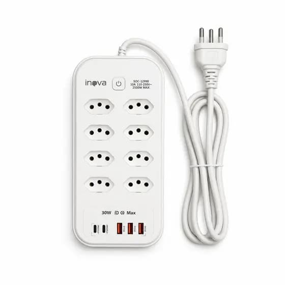 Inova Filtro De Linha Bivolt 8 Tomadas Múltiplas com 3 USB para Conexões Seguras