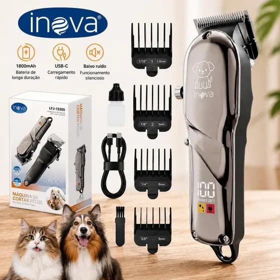 Máquina de Tosa Pet Sem Fio Profissional com LED e Pentes Ajustáveis para Animais de Estimação