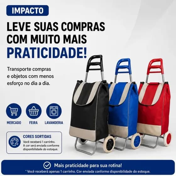 Carrinho de Feira Dobrável com Bolsa Rodas Grandes Reforçado para Compras Mercado Supermercado 30kg