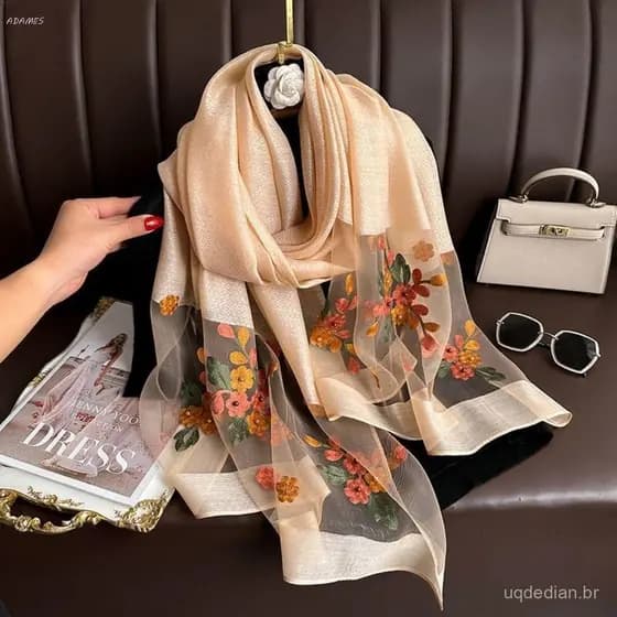 Lenço De Seda De Luxo , Xales Hijab Femininos Grandes E Macios , Foulard Flor Bordado Envolve Renda Brilhante