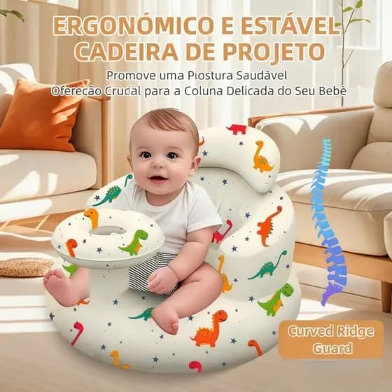 Assento Inflável Bebê 3-36 Meses c/ Bandeja e Bomba Portátil Cadeira Apoio Viagem Praia Urso Dino