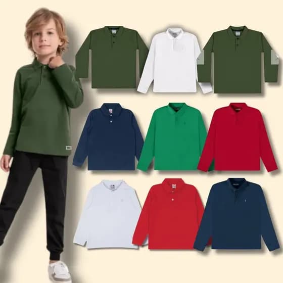 Kit c/ 5 Camiseta Polo Infantil e Juvenil Manga Longa 4 ao 14