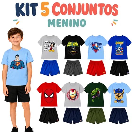 Kit 10 Peças Infantil Menino | 5 Camisetas Algodão + 5 Shorts Tactel | Roupa Verão