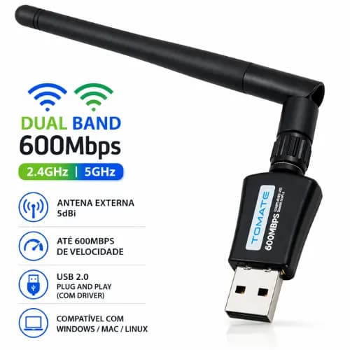 Adaptador WiFi USB 600Mbps Dual Band 2.4GHz 5GHz Receptor Wireless para PC Notebook USB 2.0