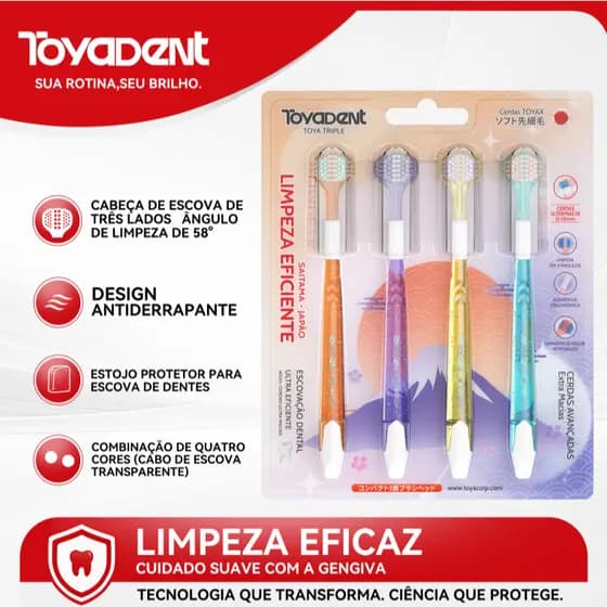 ToyaDent Escova de dente, Kit 4 peças + Cerdas Macias de 0.15 mm + Capas Protetoras
